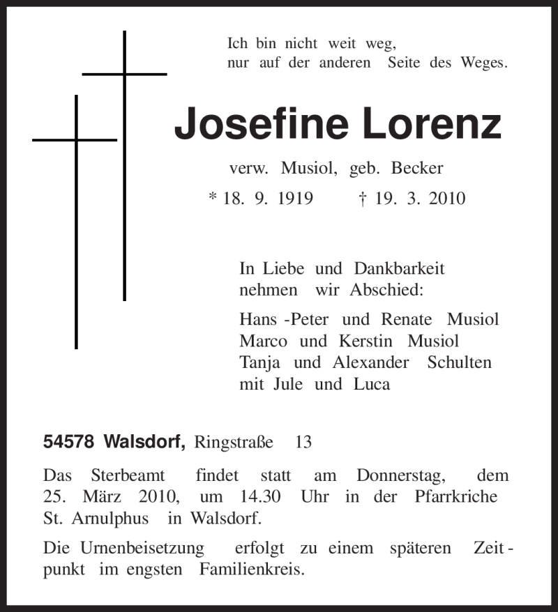  Traueranzeige für Josefine Lorenz vom 23.03.2010 aus TRIERISCHER VOLKSFREUND