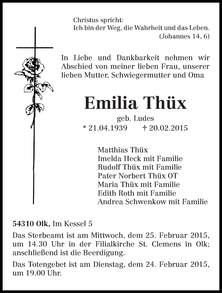  Traueranzeige für Emilia Thüx vom 23.02.2015 aus trierischer_volksfreund