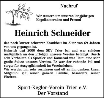 Traueranzeige von Heinrich Schneider von TRIERISCHER VOLKSFREUND
