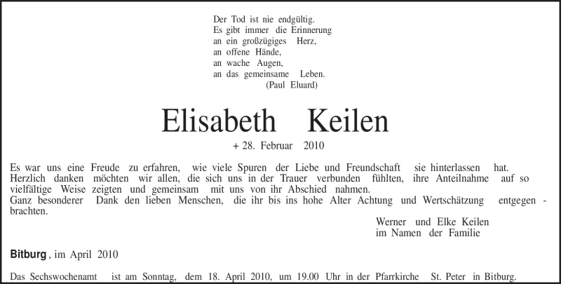  Traueranzeige für Elisabeth Keilen vom 10.04.2010 aus TRIERISCHER VOLKSFREUND