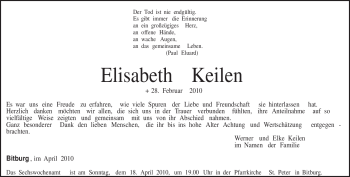 Traueranzeige von Elisabeth Keilen von TRIERISCHER VOLKSFREUND