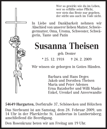 Traueranzeige von Susanna Theisen von TRIERISCHER VOLKSFREUND