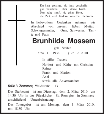 Traueranzeige von Brunhilde Mossem von TRIERISCHER VOLKSFREUND