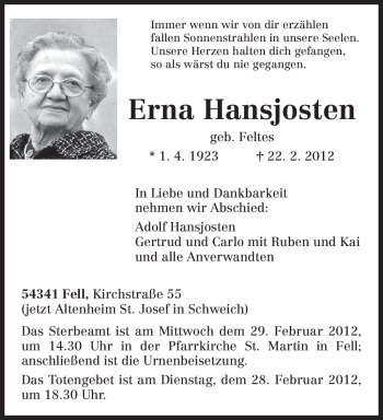 Traueranzeige von Erna Hansjosten von TRIERISCHER VOLKSFREUND