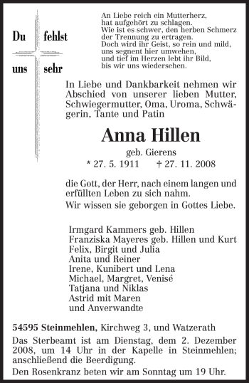 Traueranzeige von Anna Hillen von TRIERISCHER VOLKSFREUND