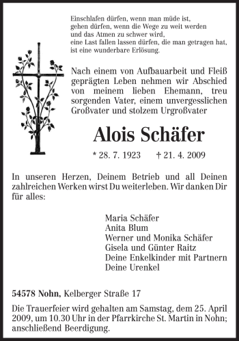 Traueranzeige von Alois Schäfer von TRIERISCHER VOLKSFREUND