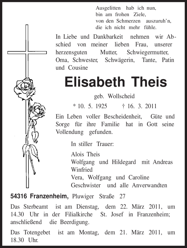  Traueranzeige für Elisabeth Theis vom 19.03.2011 aus TRIERISCHER VOLKSFREUND