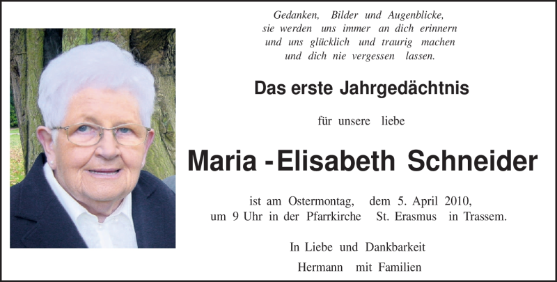  Traueranzeige für Maria-Elisabeth Schneider vom 29.03.2010 aus TRIERISCHER VOLKSFREUND