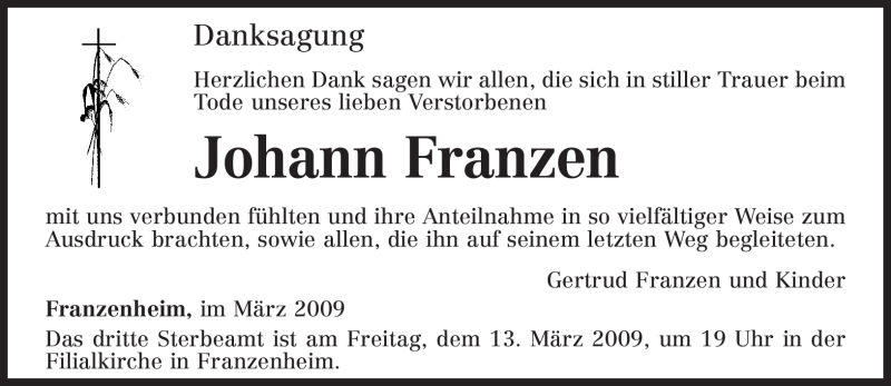  Traueranzeige für Johann Franzen vom 07.03.2009 aus TRIERISCHER VOLKSFREUND
