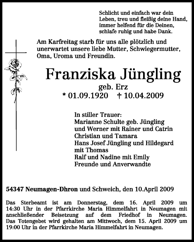  Traueranzeige für Franziska Jüngling vom 14.04.2009 aus TRIERISCHER VOLKSFREUND