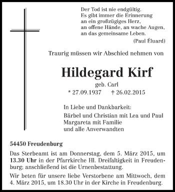Traueranzeige von Hildegard Kirf von trierischer_volksfreund