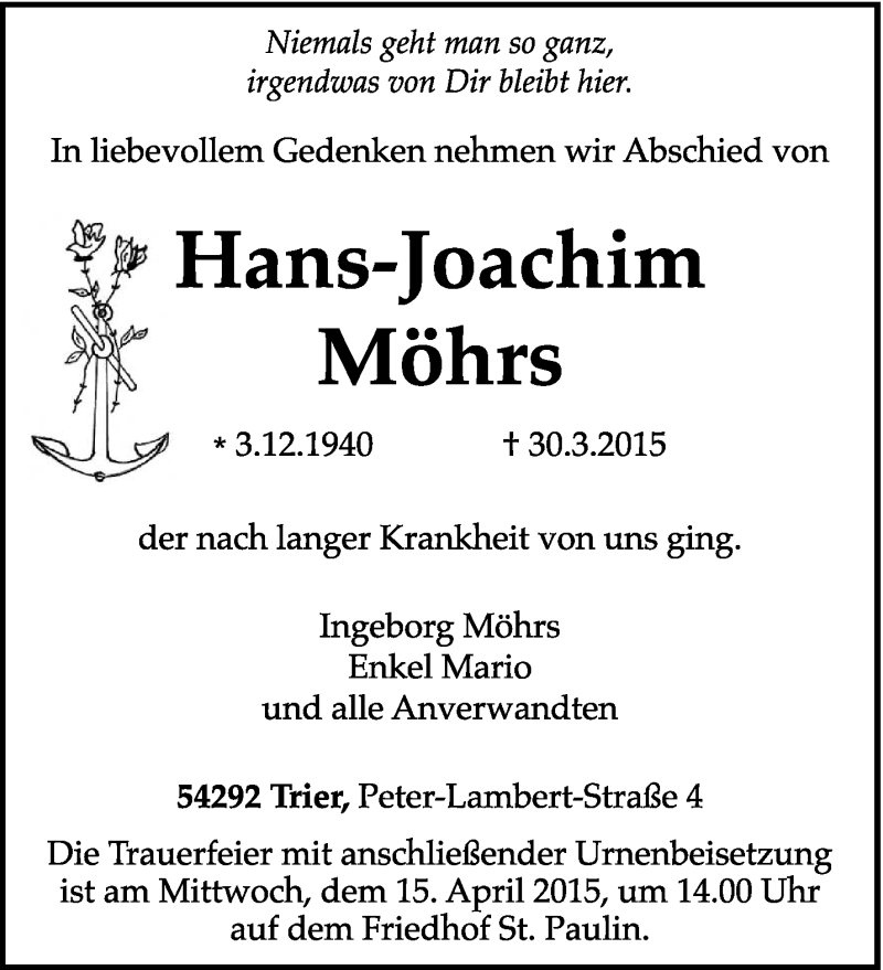  Traueranzeige für Hans-Joachim Möhrs vom 11.04.2015 aus trierischer_volksfreund