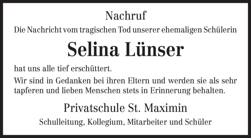  Traueranzeige für Selina Lünser vom 11.11.2011 aus TRIERISCHER VOLKSFREUND
