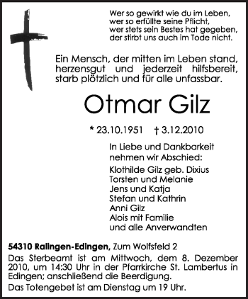 Traueranzeige von Otmar Gilz von TRIERISCHER VOLKSFREUND