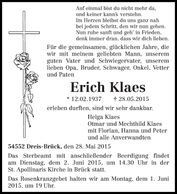 Traueranzeige von Erich Klaes von trierischer_volksfreund