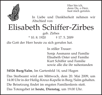 Traueranzeige von Elisabeth Schiffer-Zirbes von TRIERISCHER VOLKSFREUND