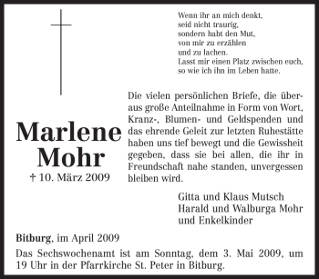 Traueranzeige von Marlene Mohr von TRIERISCHER VOLKSFREUND