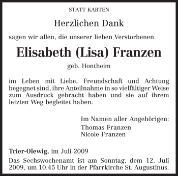 Traueranzeige von Elisabeth Franzen von TRIERISCHER VOLKSFREUND