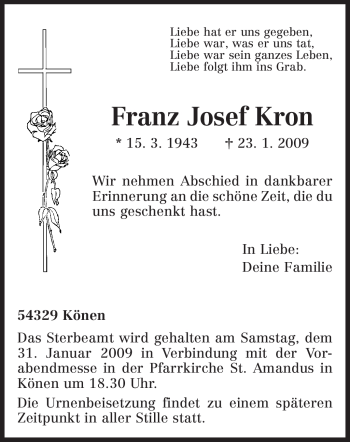 Traueranzeige von Franz Josef Kron von TRIERISCHER VOLKSFREUND