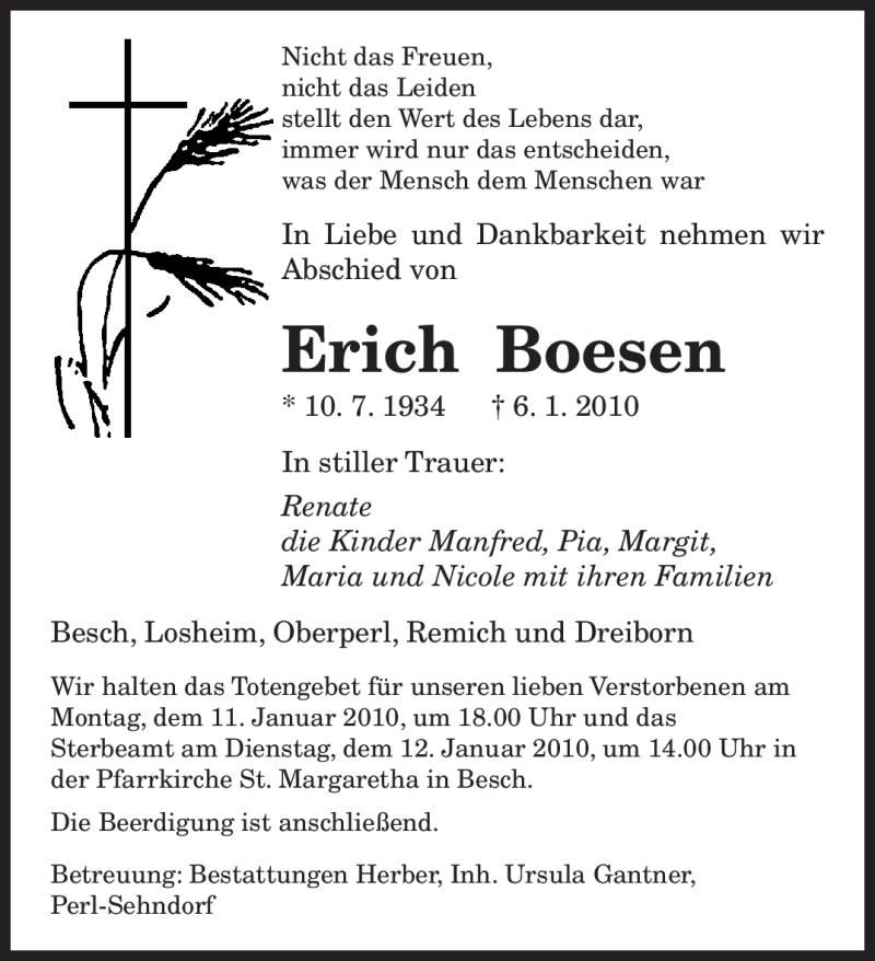  Traueranzeige für Erich Boesen vom 08.01.2010 aus TRIERISCHER VOLKSFREUND