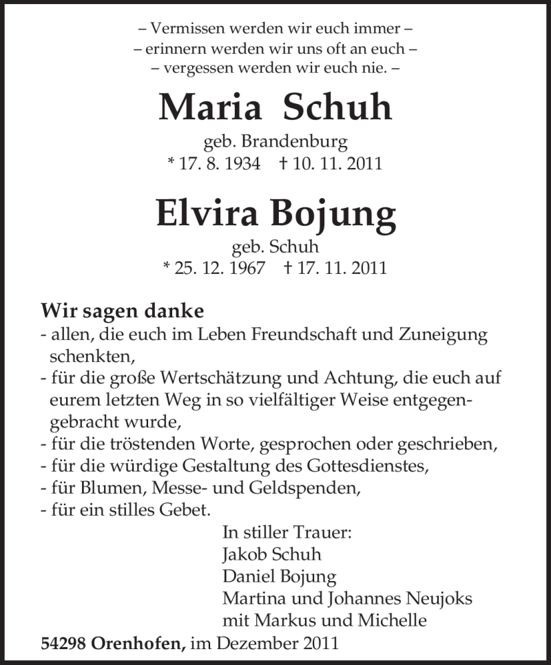  Traueranzeige für Maria Schuh vom 16.12.2011 aus TRIERISCHER VOLKSFREUND