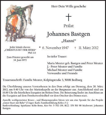 Traueranzeige von Johannes Bastgen von TRIERISCHER VOLKSFREUND