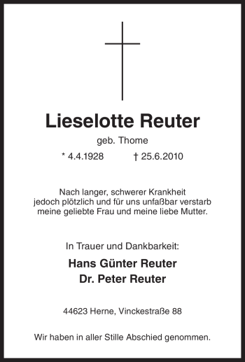 Traueranzeige von Lieselotte Reuter von TRIERISCHER VOLKSFREUND