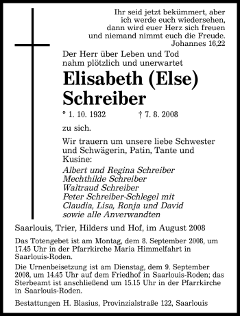 Traueranzeige von ELISABETH SCHREIBER von TRIERISCHER VOLKSFREUND
