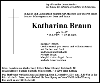 Traueranzeige von Katharina Braun von TRIERISCHER VOLKSFREUND