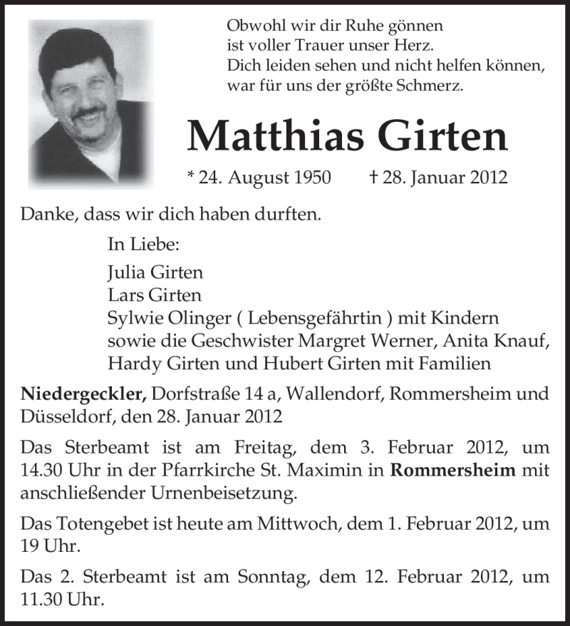  Traueranzeige für Matthias Girten vom 01.02.2012 aus TRIERISCHER VOLKSFREUND