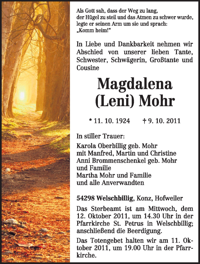  Traueranzeige für Magdalena Mohr vom 11.10.2011 aus TRIERISCHER VOLKSFREUND