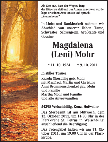 Traueranzeige von Magdalena Mohr von TRIERISCHER VOLKSFREUND