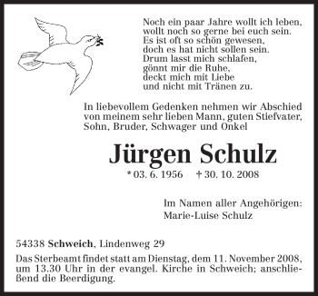 Traueranzeige von Jürgen Schulz von TRIERISCHER VOLKSFREUND