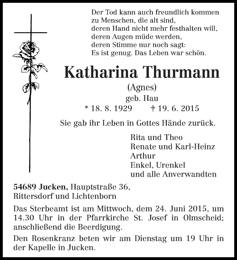  Traueranzeige für Katharina Thurmann vom 22.06.2015 aus trierischer_volksfreund