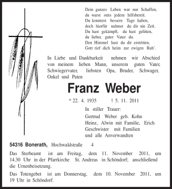 Traueranzeige von Franz Weber von TRIERISCHER VOLKSFREUND