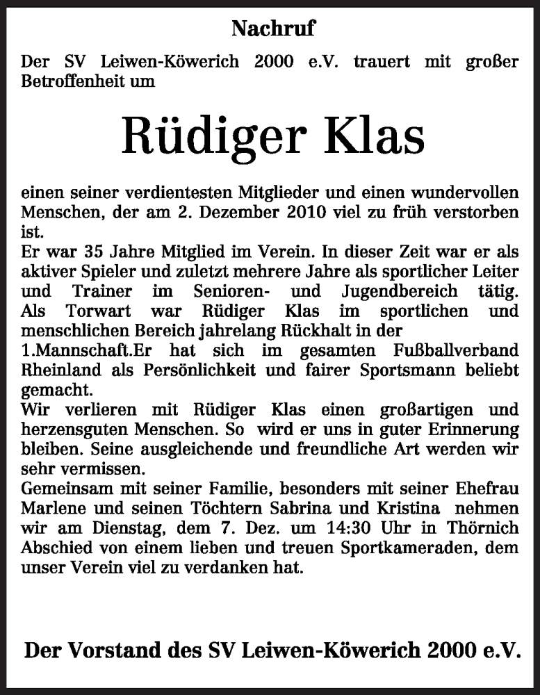  Traueranzeige für Rüdiger Klas vom 06.12.2010 aus TRIERISCHER VOLKSFREUND