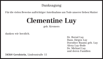 Traueranzeige von Clementine Luy von TRIERISCHER VOLKSFREUND