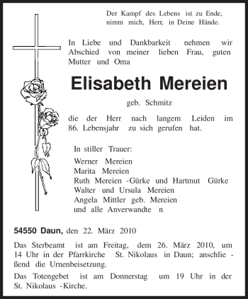 Traueranzeige von Elisabeth Mereien von TRIERISCHER VOLKSFREUND