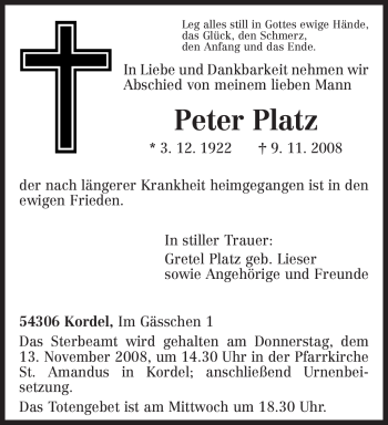 Traueranzeige von Peter Platz von TRIERISCHER VOLKSFREUND