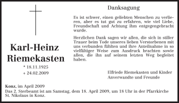 Traueranzeige von Karl-Heinz Riemekasten von TRIERISCHER VOLKSFREUND