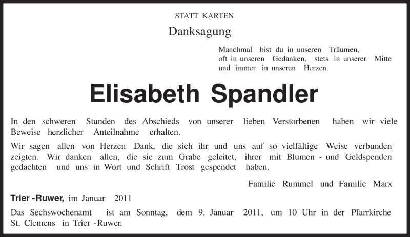 Traueranzeige für Elisabeth Spandler vom 05.01.2011 aus TRIERISCHER VOLKSFREUND
