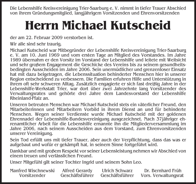  Traueranzeige für Michael Kutscheid vom 26.02.2009 aus TRIERISCHER VOLKSFREUND