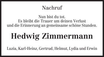Traueranzeige von Hedwig Zimmermann von TRIERISCHER VOLKSFREUND