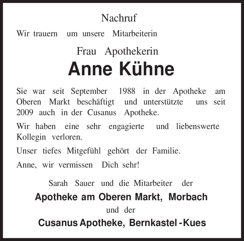  Traueranzeige für Anne Kühne vom 15.09.2010 aus TRIERISCHER VOLKSFREUND