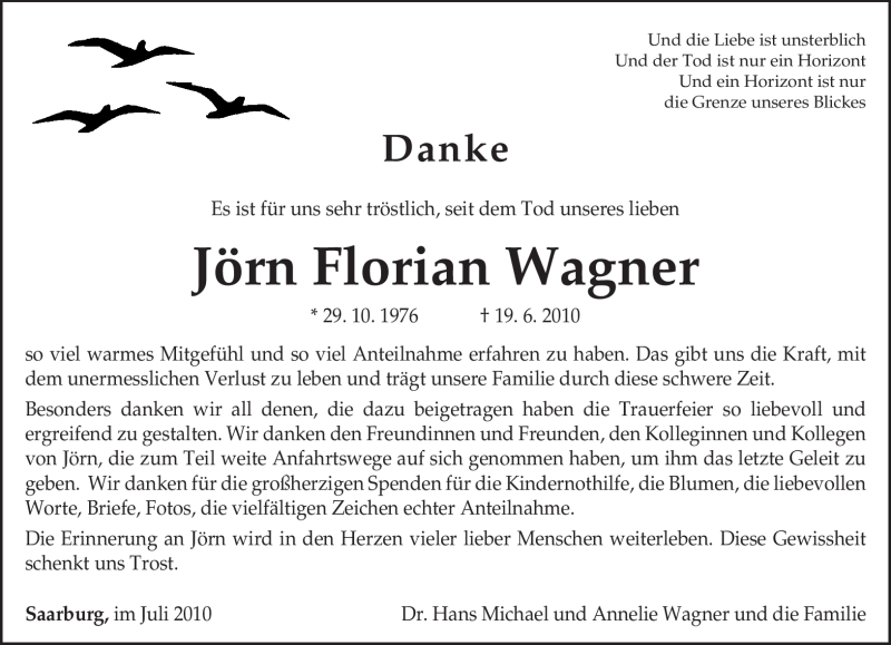  Traueranzeige für Jörn Florian Wagner vom 24.07.2010 aus TRIERISCHER VOLKSFREUND