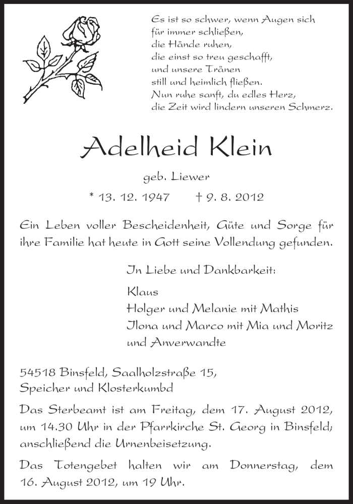  Traueranzeige für Adelheid Klein vom 14.08.2012 aus TRIERISCHER VOLKSFREUND