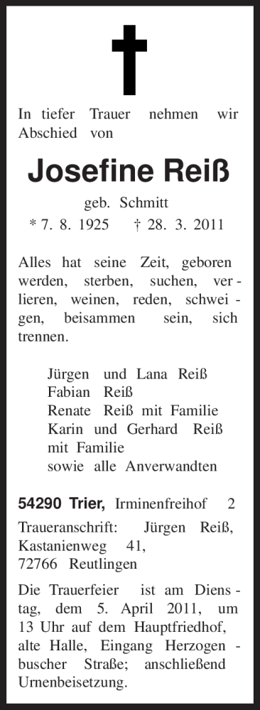  Traueranzeige für Josefine Reiß vom 02.04.2011 aus TRIERISCHER VOLKSFREUND