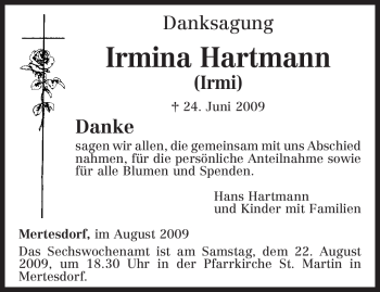 Traueranzeige von Irmina Hartmann von TRIERISCHER VOLKSFREUND