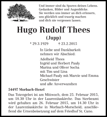 Traueranzeige von Hugo Rudolf Thees von trierischer_volksfreund