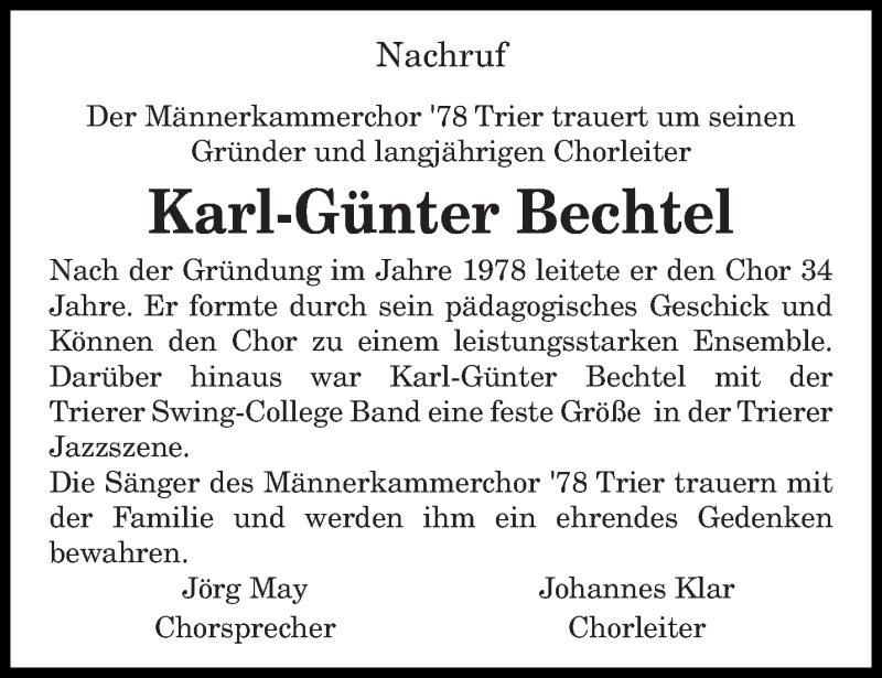  Traueranzeige für Karl-Günter Bechtel vom 09.05.2015 aus trierischer_volksfreund